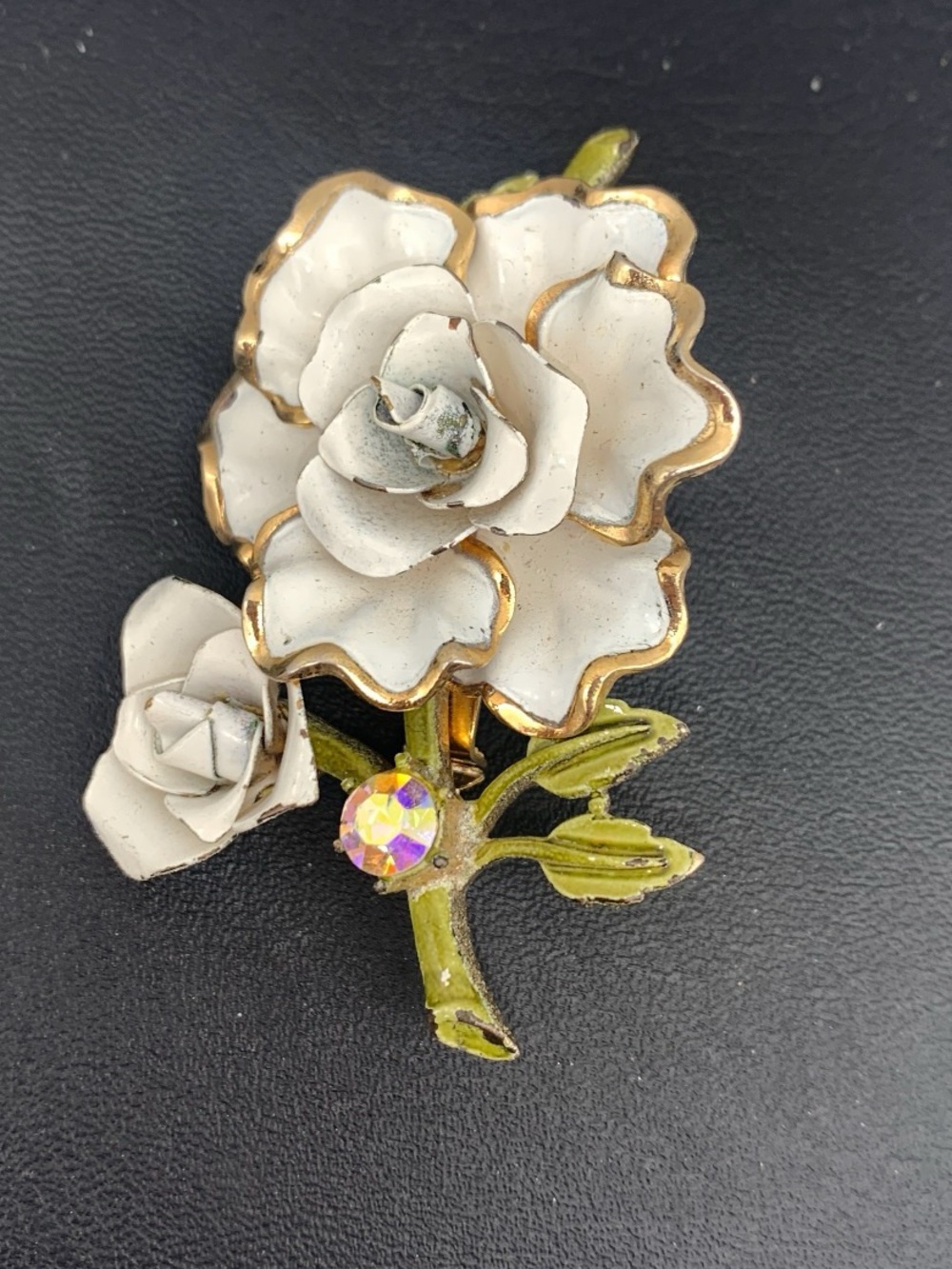 Vintage White Enamel Floral Brooch with Gold tone Trim, Green Stem AB rhinestone